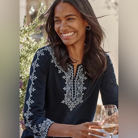 NEW J Jill Navy Blue Embroidered Split Neckline Bell 3/4” Sleeve Modal Tunic Top - Picture 7 of 8